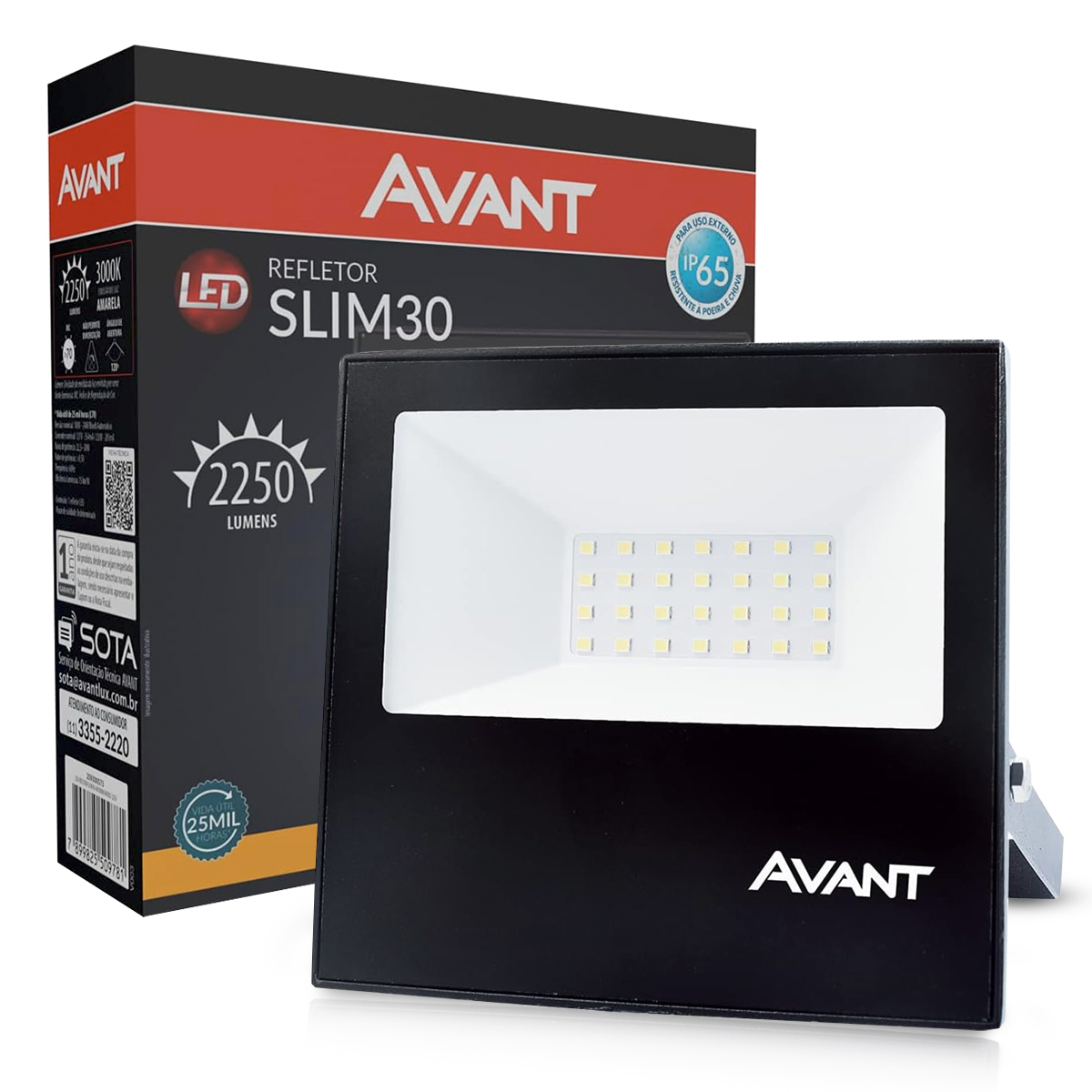 Luminária Refletor Led Retangular Preto 30W Bivolt 3000K Luz Amarela Difusor Vidro 25000H - Avant