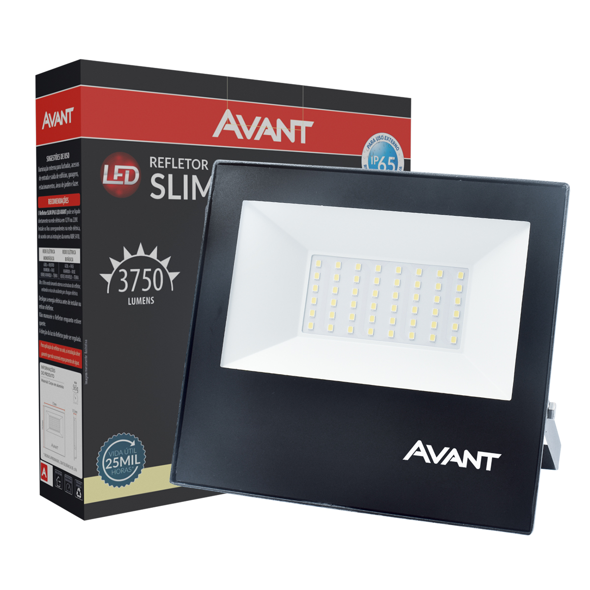 Luminária Refletor Led Retangular Preto 50W Bivolt Luz Neutra 4000K 3750Lm Difusor Vidro Temperado - Avant