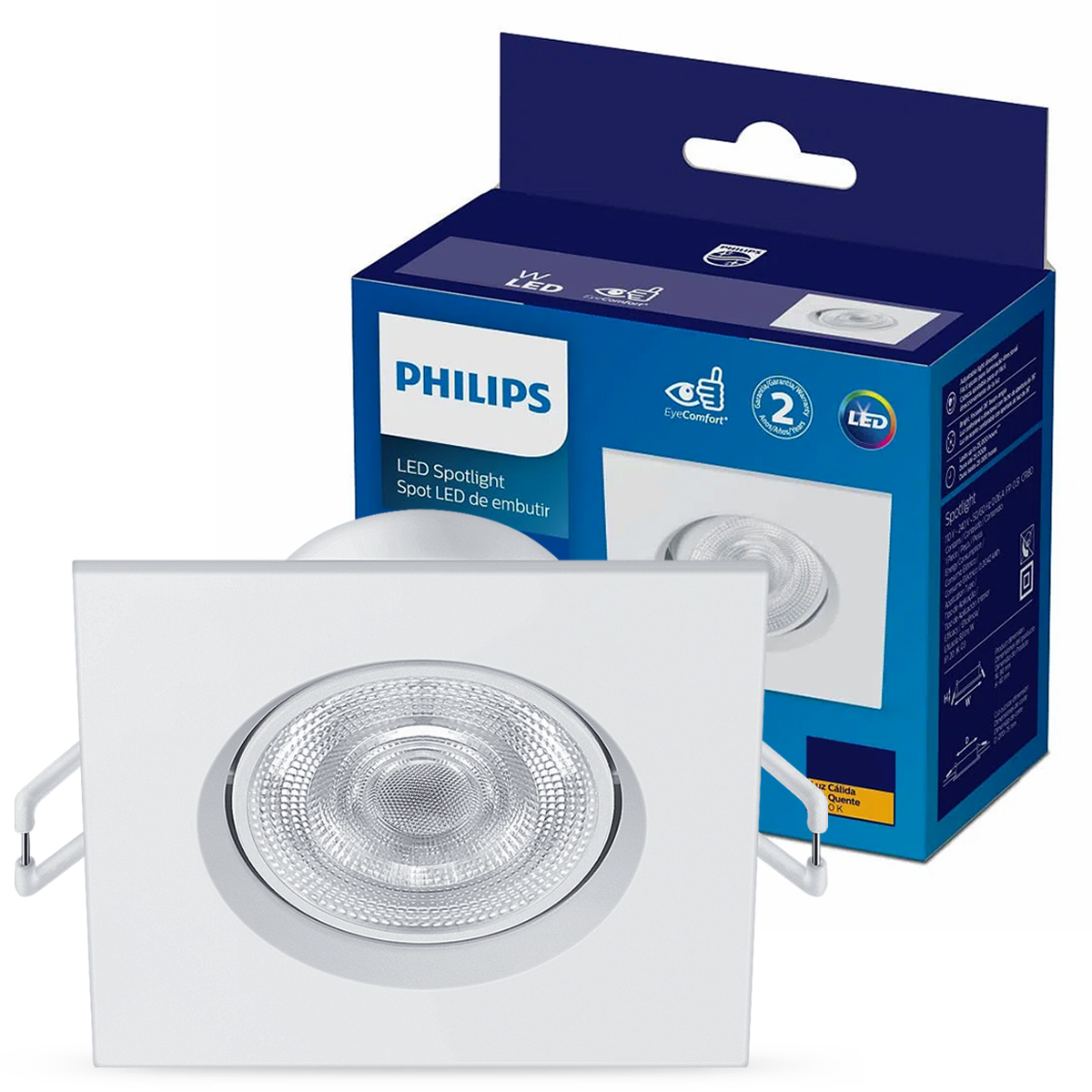 Luminária Spot Led Embutir Quadrada 6,2W Bivolt 2700K Luz Amarela - Philips