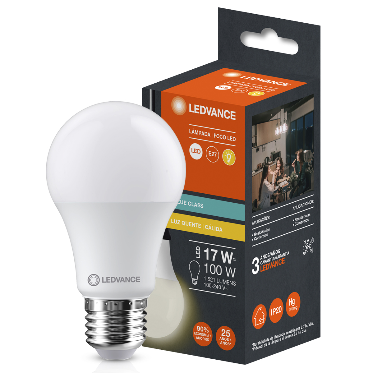 Lâmpada Led Bulbo A100 17W Bivolt E27 3000K Luz Amarela 1521Lm - Ledvance