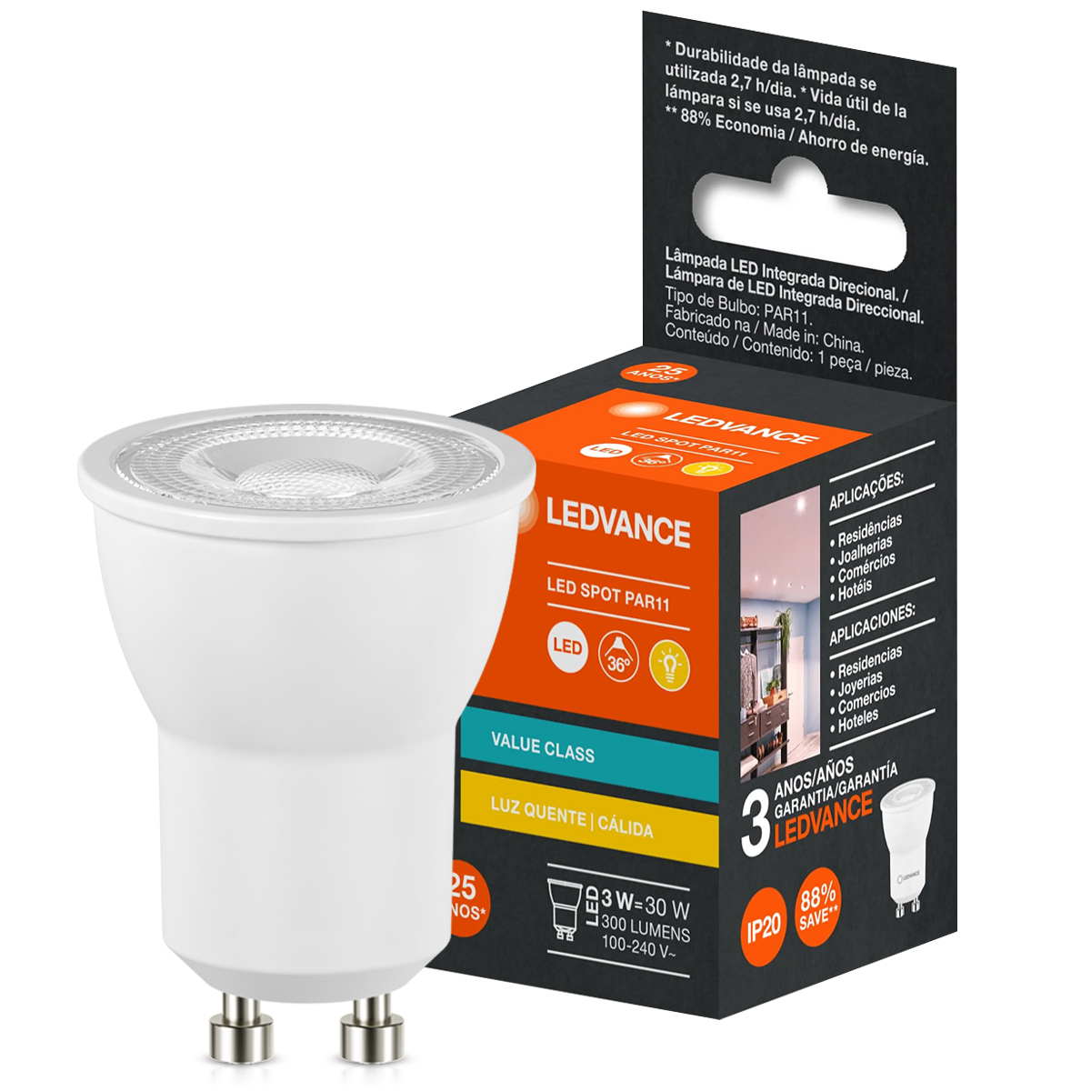 Lâmpada Led Dicroica Par11 3W Bivolt Gu10 2700K 25000H Luz Amarela 300Lm - Ledvance
