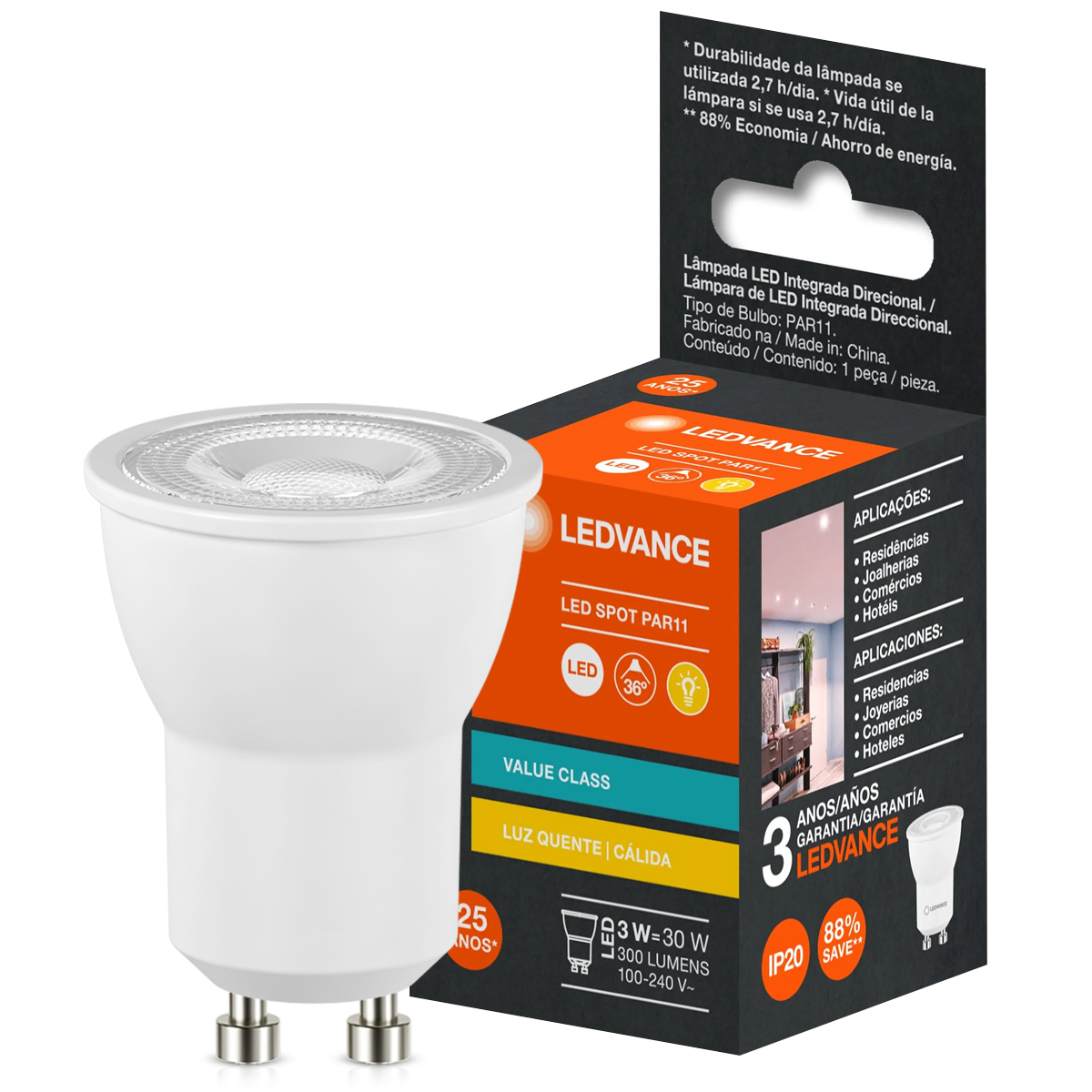 Lâmpada Led Dicroica Par11 3W Bivolt Gu10 3000K Luz Amarela 300Lm 25000H 7019621 - Ledvance