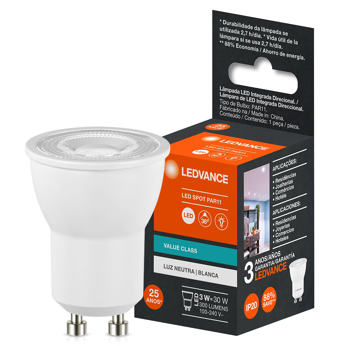 Lâmpada Led Dicroica Par11 3W Bivolt Gu10 4000K Luz Do Dia 300Lm 25000H 7019622 - Ledvance