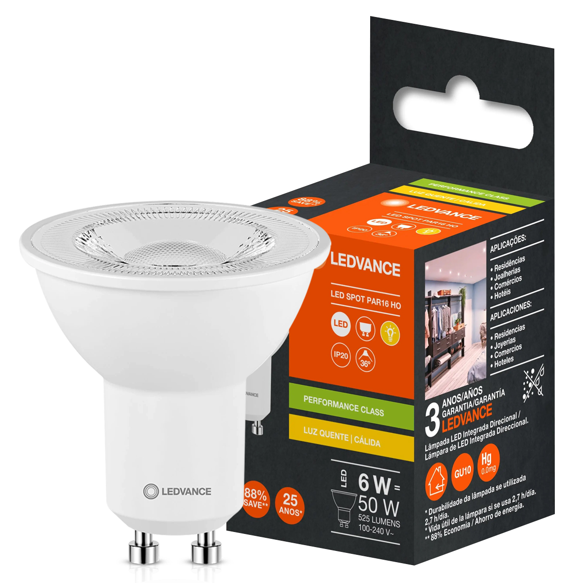 Lâmpada Led Dicroica Par16 6W Bivolt Gu10 3000K Luz Amarela 525Lm 36G 25000H 7019646 - Ledvance