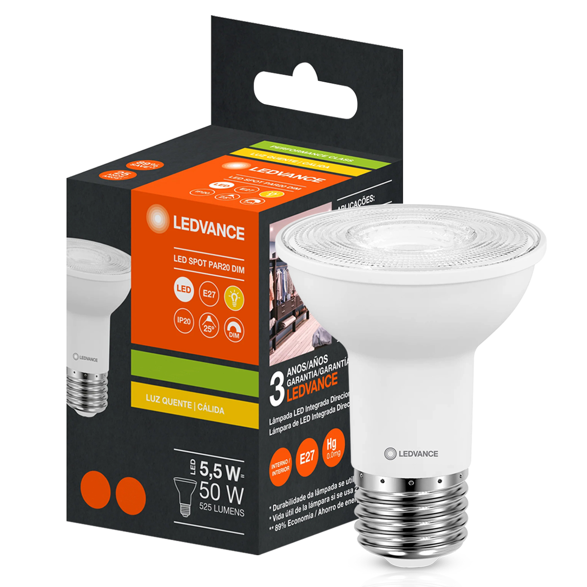 Lâmpada Led Par20 5,5W Bivolt E27 2700K Luz Amarela - Ledvance