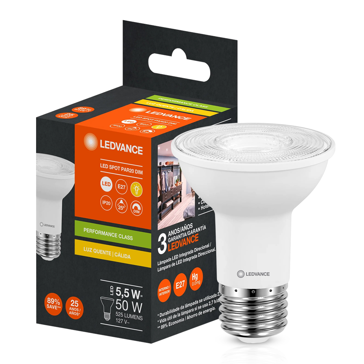 Lâmpada Led Par20 5,5W 127V E27 2700K Luz Amarela Dimerizável - Ledvance