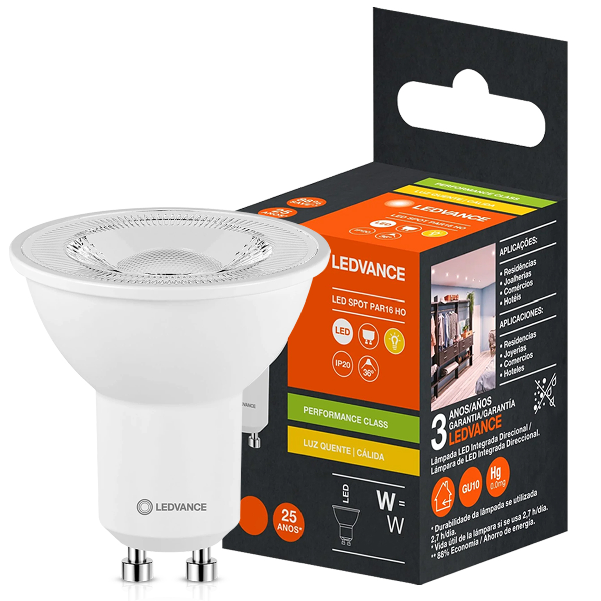 Lâmpada Led Dicroica Par16 4W Bivolt Gu10 2700K Luz Amarela 350Lm 36G 25000H 7019631 - Ledvance