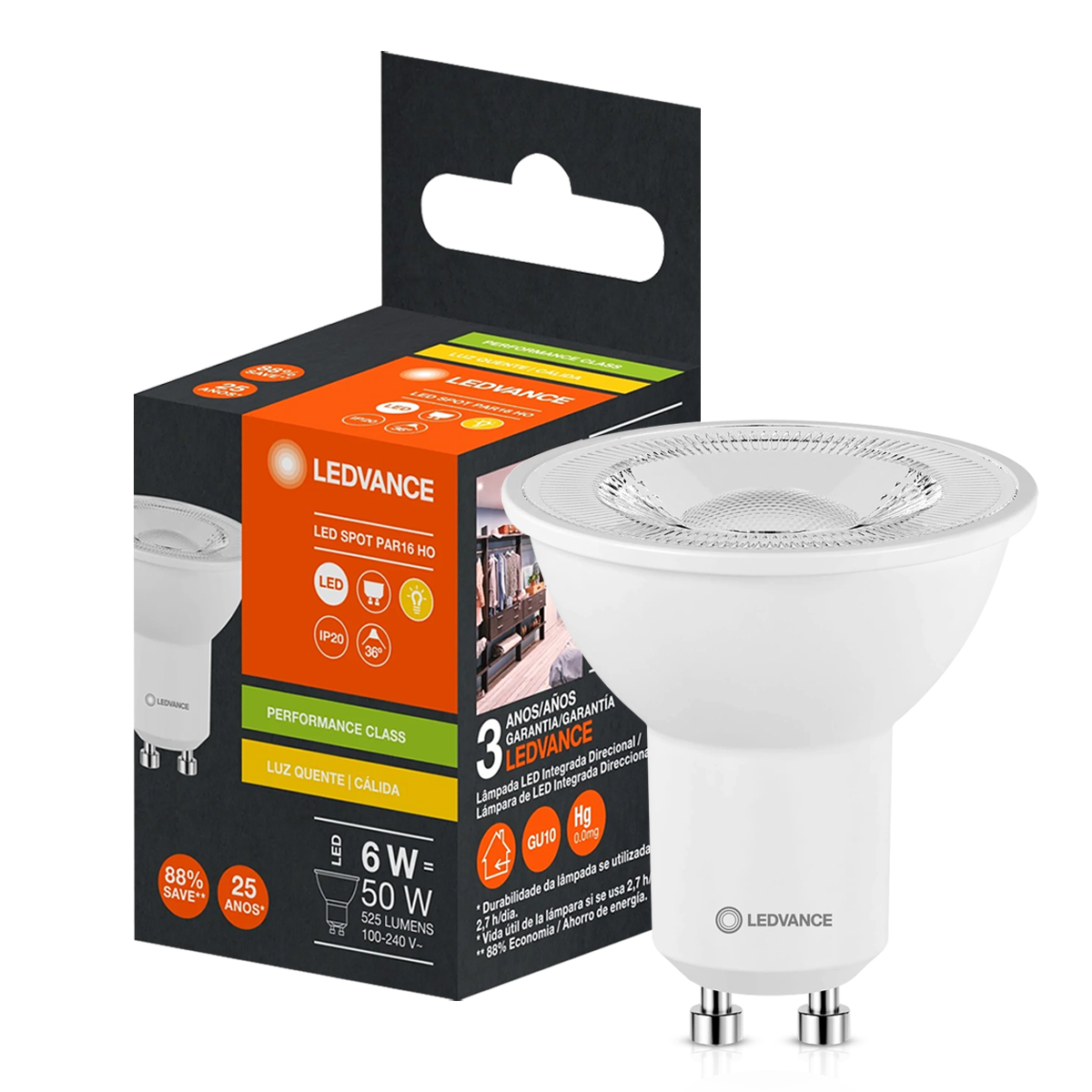 Lâmpada Led Dicroica Par16 6W Bivolt Gu10 2700K Luz Amarela - Ledvance
