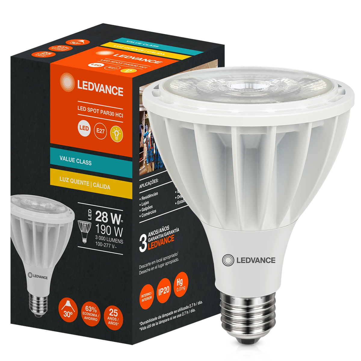 Lâmpada Led Par30 28W E27 3000K Luz Amarela 3000Lm 30G 25000H 7019892 - Ledvance