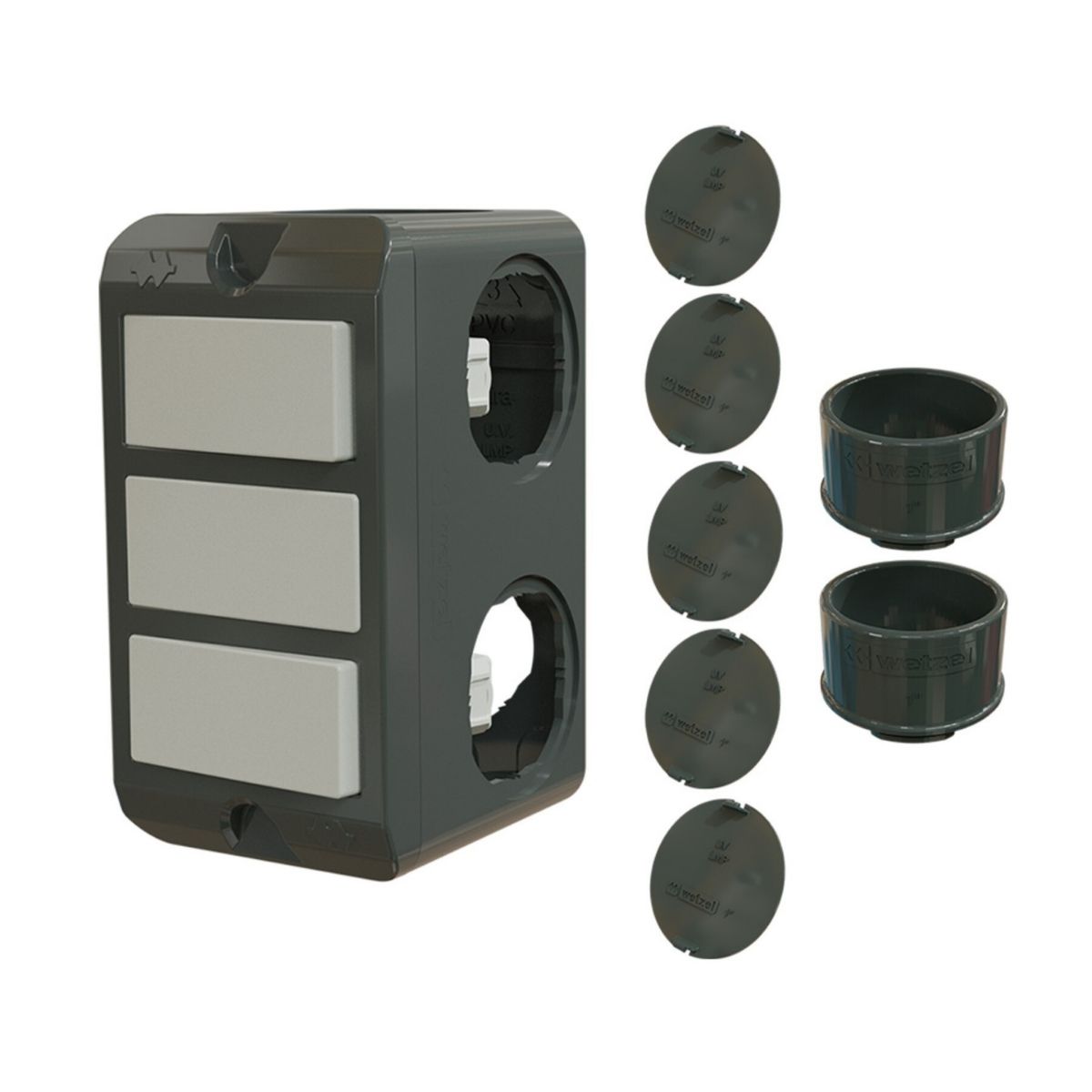 Condulete Pvc Múltiplo 3/4 Cinza C/2 Conectores + 5 Tampões + 2 Interruptor Simples - Wetzel