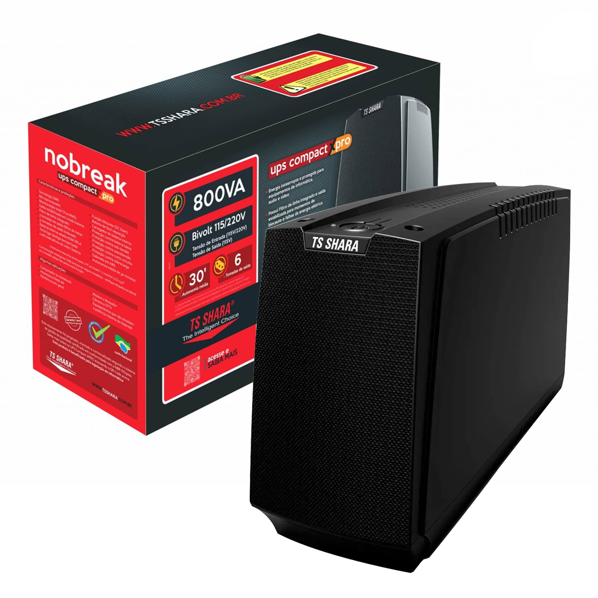 Nobreak Ups Compact Xpro 800Va E=Bivolt S=115V 1 Bateria Com 6 Tomadas 7Ah Preto 50/60Hz - Ts Shara