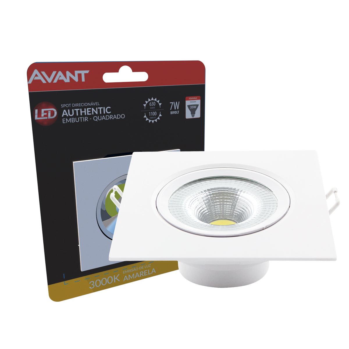 Luminária Spot Led Embutir Quadrado Branco 7W Bivolt Luz Amarela 3000K 630Lm - Avant