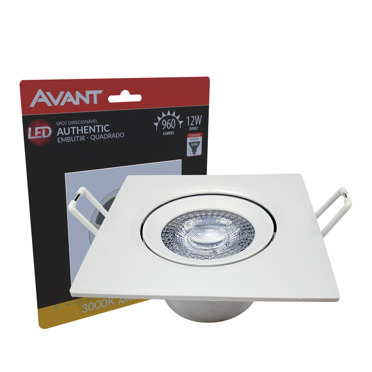 Luminária Spot Led Embutir Quadrado Branco 12W Bivolt Luz Amarela 3000K 960Lm - Avant