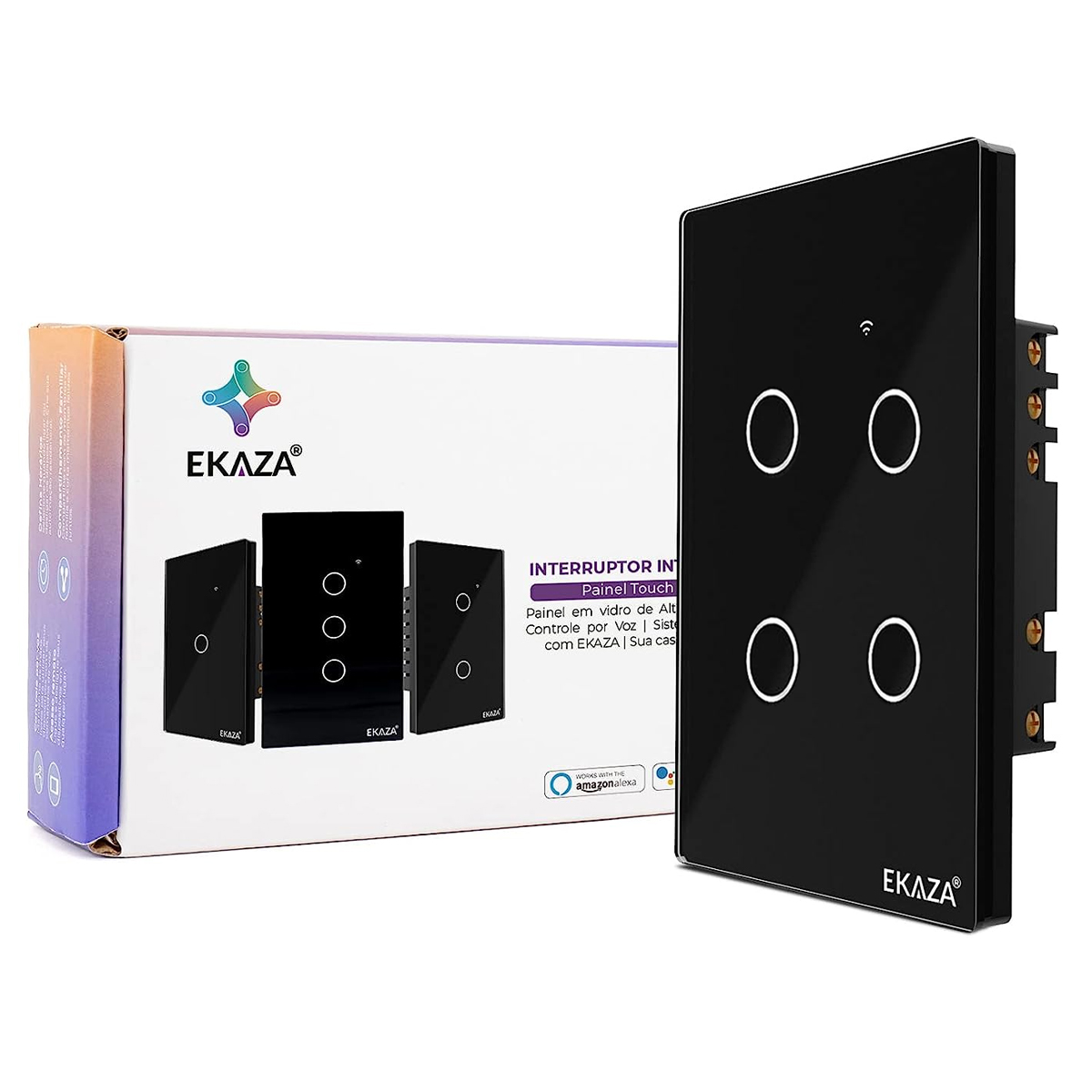 Interruptor Inteligente Smart Wifi Touch 4 Botões Bivolt 4X2 Preto Android/iOS Alexa/Google - Ekaza