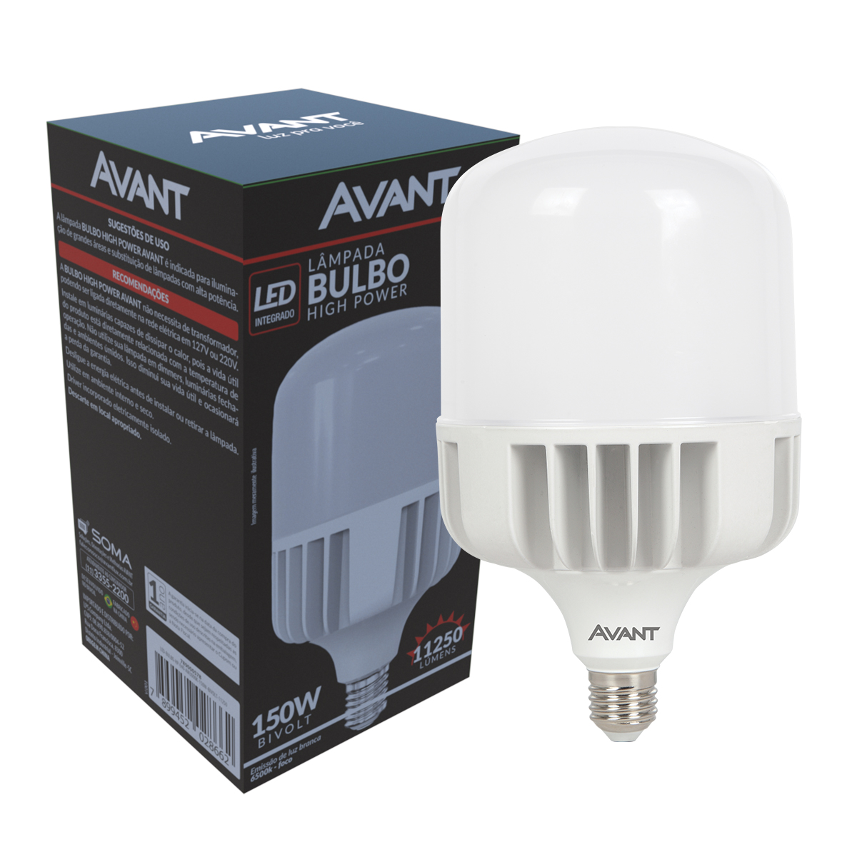 Lâmpada Led Bulbo Alta Potência T 150W Bivolt E40 6500K Luz Branca 11250Lm 25000H 140x256mm Avant