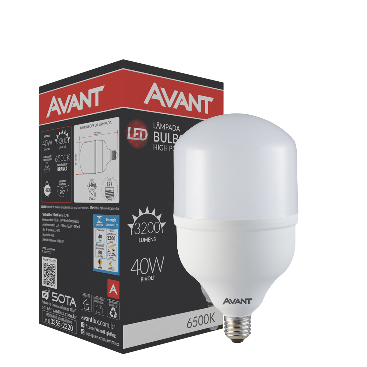 Lâmpada Led Bulbo Alta Potência T 40W Bivolt E27 Luz Branca 6500K 3200Lm 25000H - Avant
