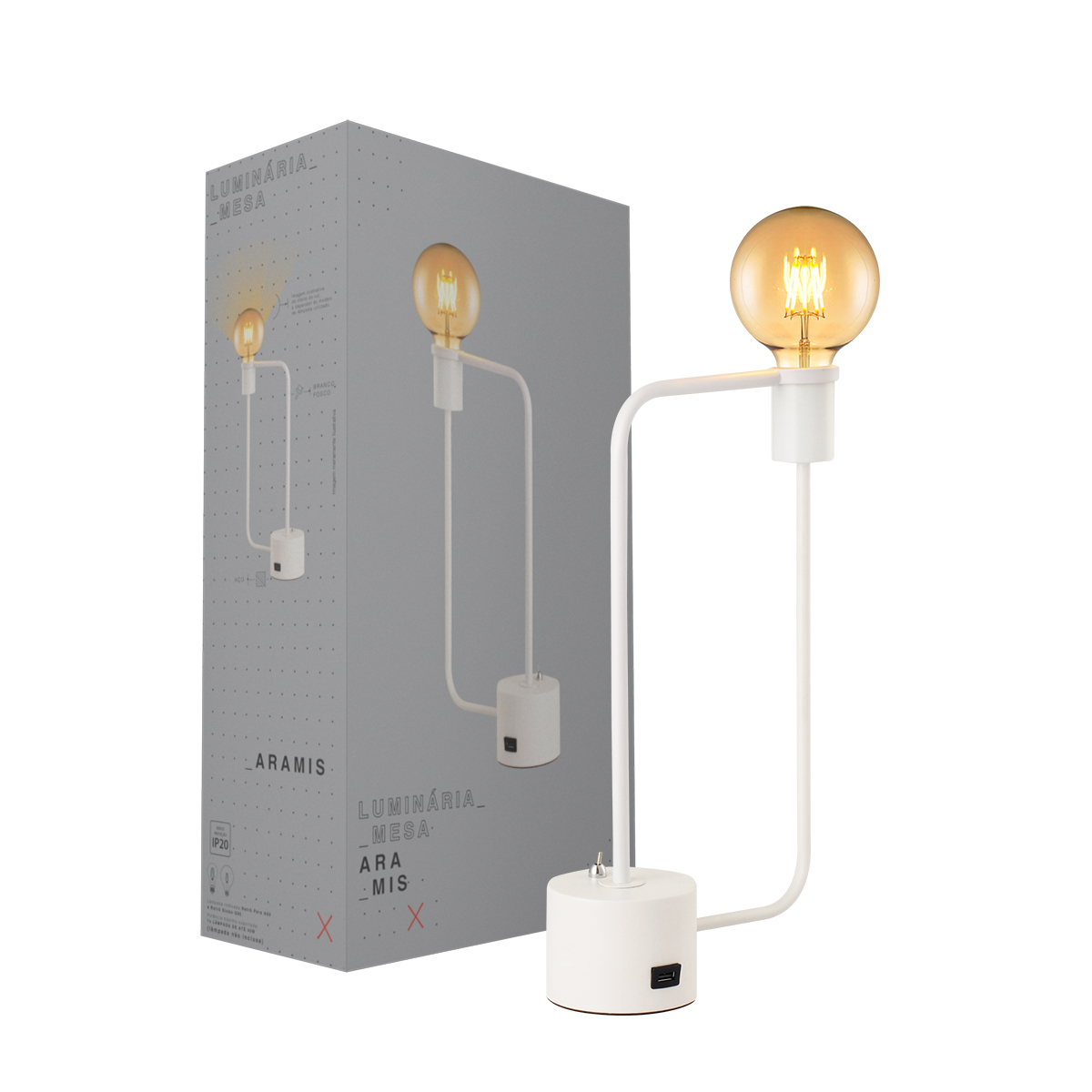 Luminária De Mesa Aramis Branco Fosco E27 Bivolt Com Entrada Usb IP20 - Avant