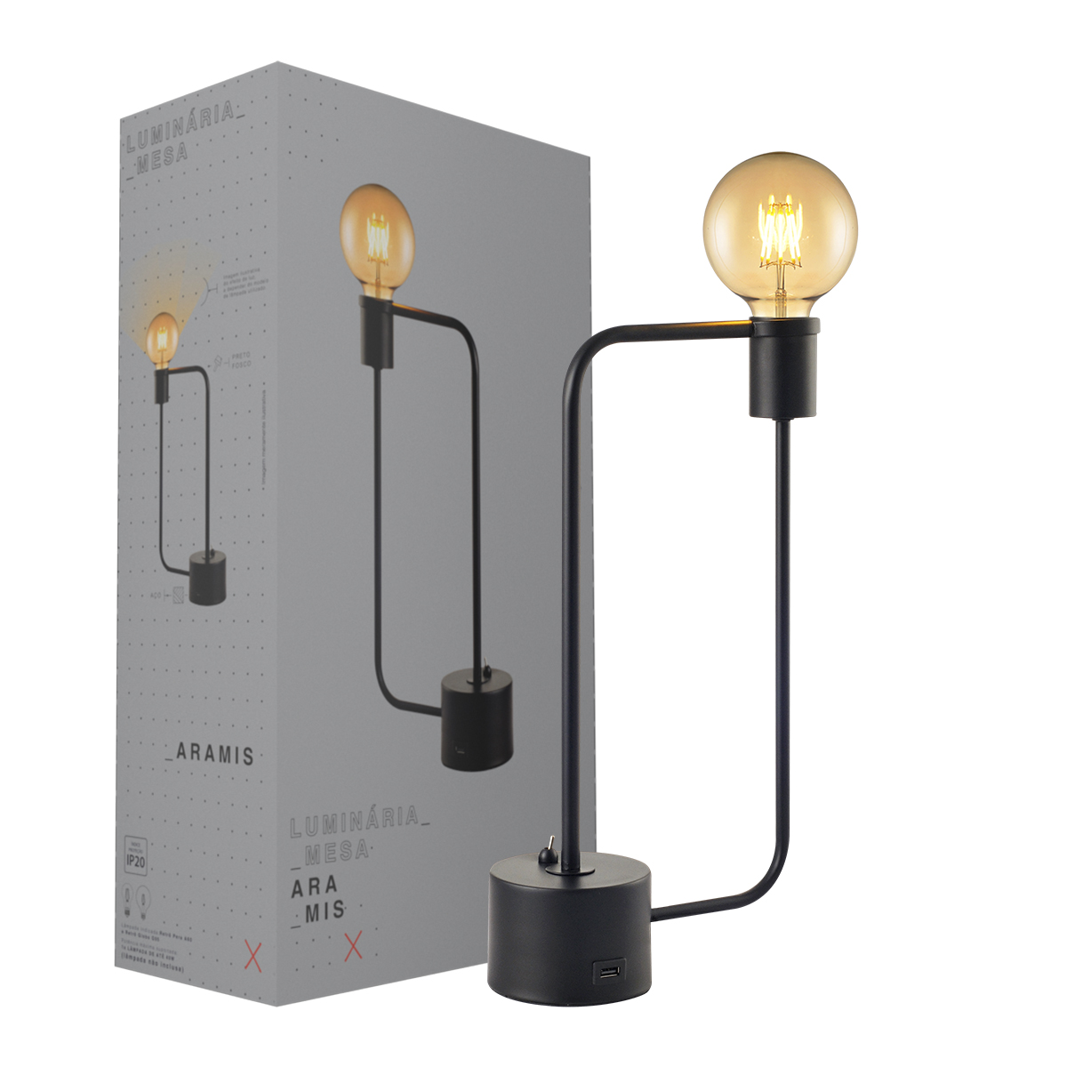 Luminária Mesa Aramis Preto Fosco E27 Bivolt Com Entrada Usb - Avant