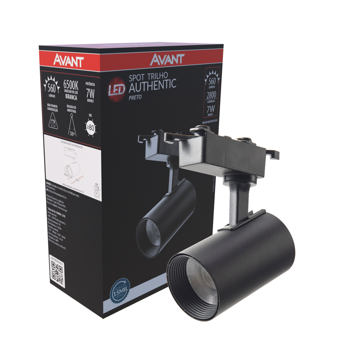 Luminária Spot Led Trilho Authentic Preto 7W Bivolt Luz Branca 6500K 560Lm Difusor Policarbonato - Avant