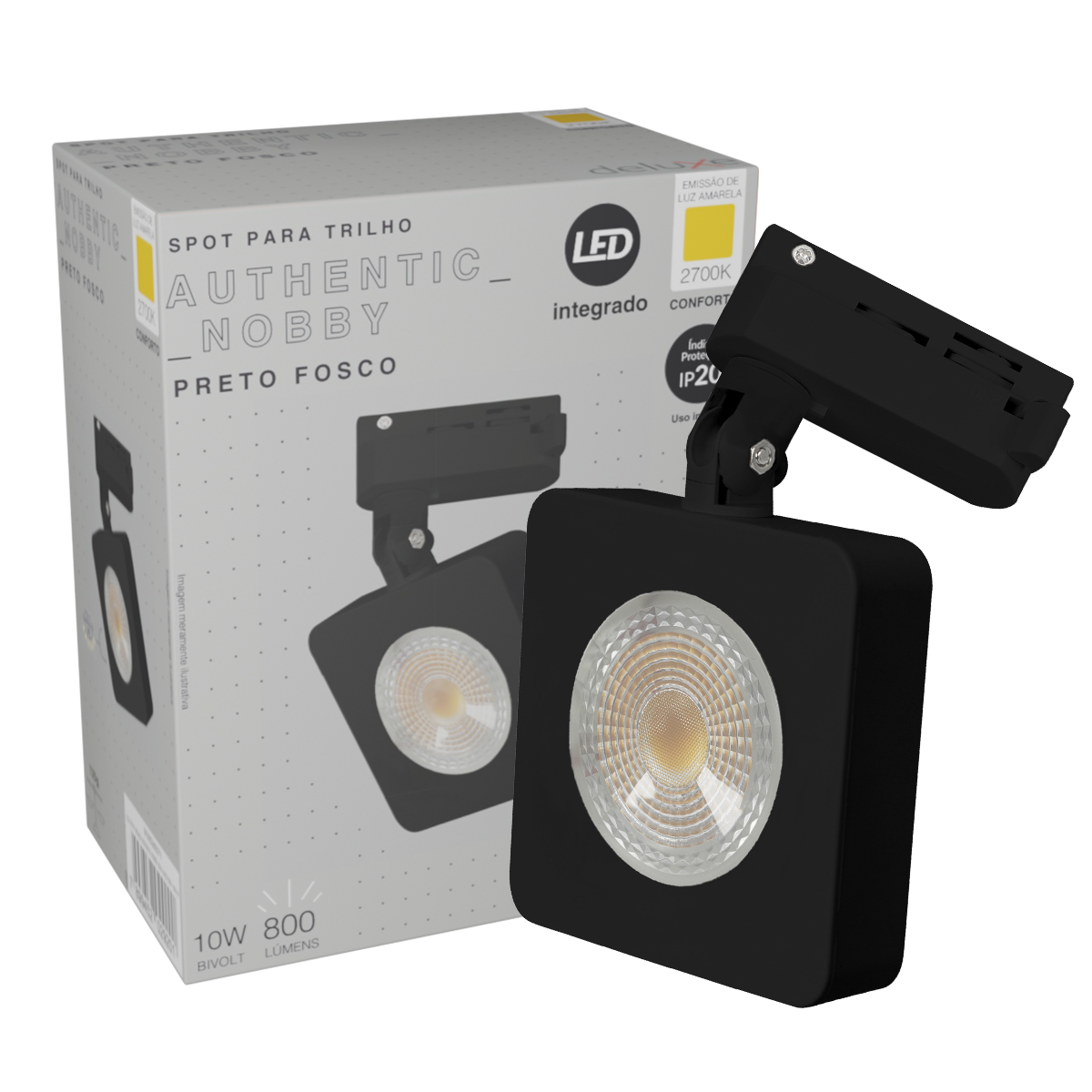 Luminária Spot Led Trilho Authentic Nobby Quadrado Preto 10W Bivolt Luz Amarela 2700K 800Lm - Avant