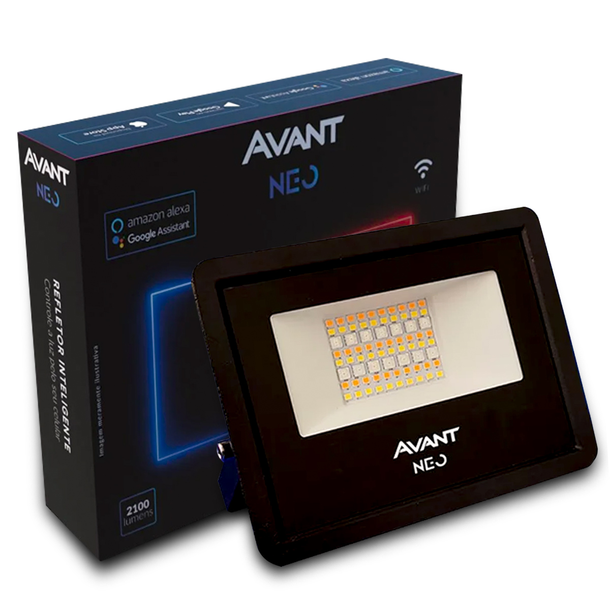 Luminária Refletor Led Retangular Sobrepor Preto 30W Bivolt 2700K-6500K/Rgb Luz Amarela/Neutra/Branca/Colorida 2100Lm Difusor Vidro Temperado Controle Comandos de Voz Avant