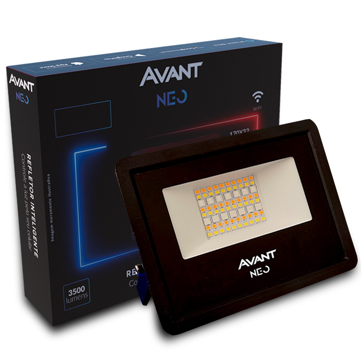 Luminária Refletor Led Inteligente Sobrepor Preto 50W Bivolt 2700K-6500K/Rgb 3500Lm Difusor Vidro Temperado Avant