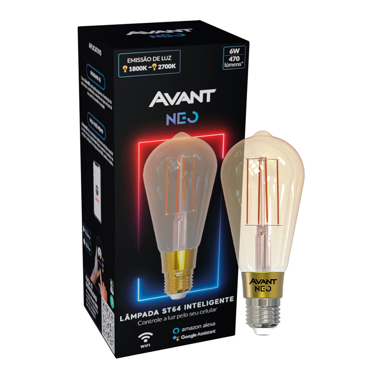 Lâmpada Led Filamento Pêra St64 6W Bivolt E27 1800K-2700K Luz Amarela 400Lm Inteligente Avant