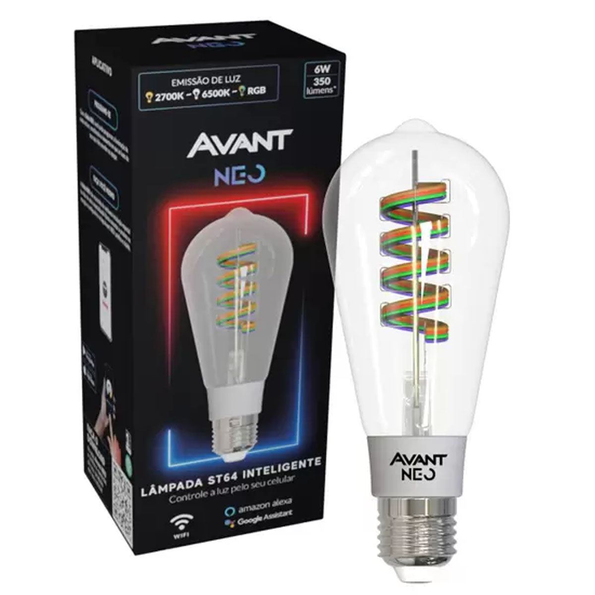 Lâmpada Led Filamento Pêra St64 6W Bivolt E27 2700K-6500K/Rgb Luz Amarela 350Lm Inteligente Avant