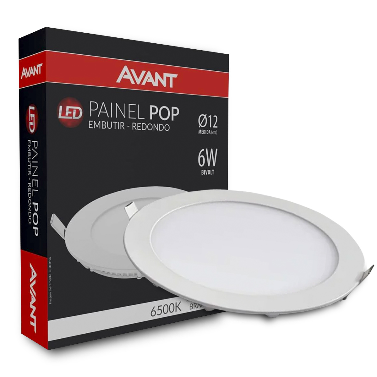 Luminária Painel Led Embutir Redondo Branco 6W Bivolt 6500K Luz Branca 360Lm Difusor Policarbonato Avant