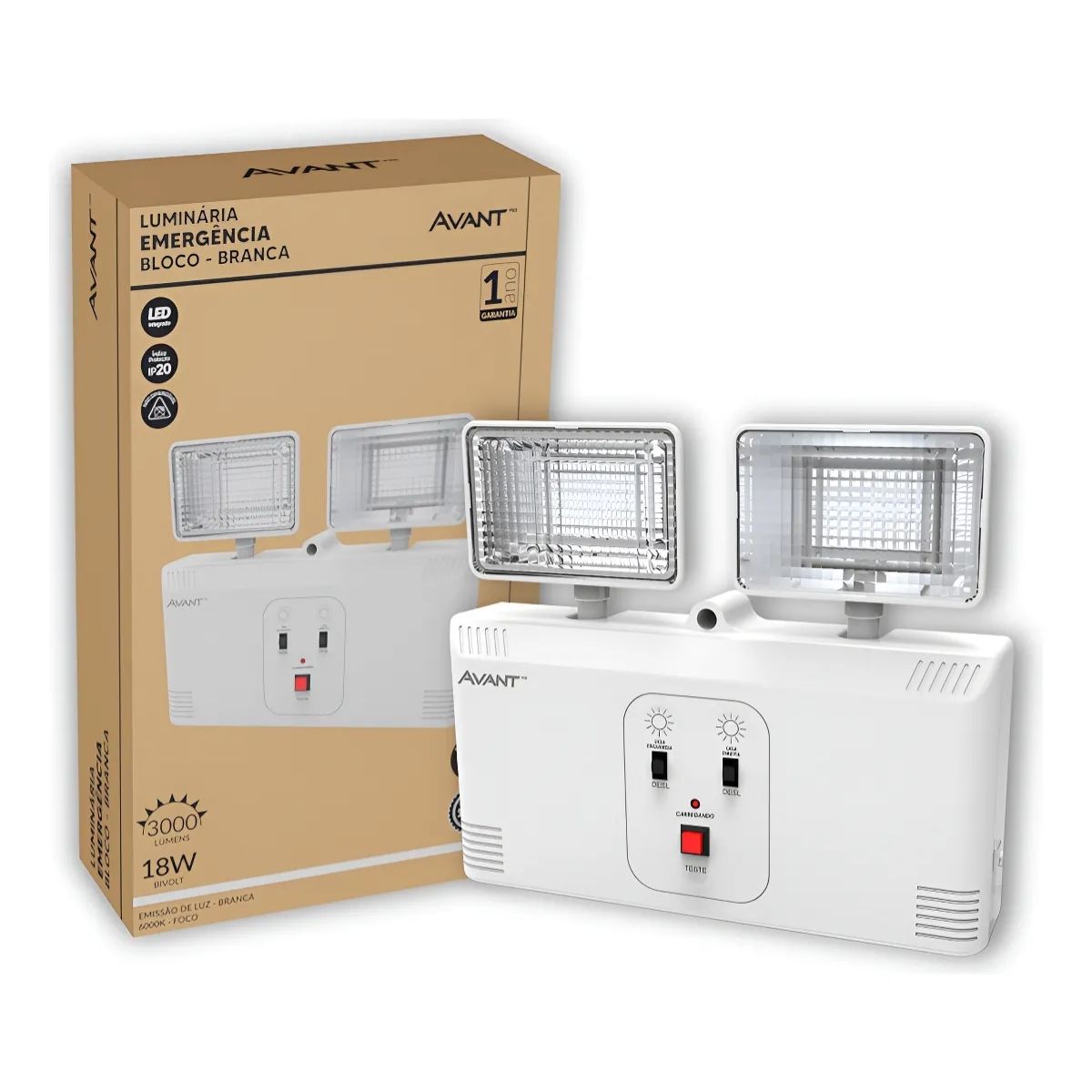 Luminária Emergência Led 2 Faróis Sobrepor 18W Bivolt 6000K Branco Frio 3000Lm 4H Ip20 - Avant