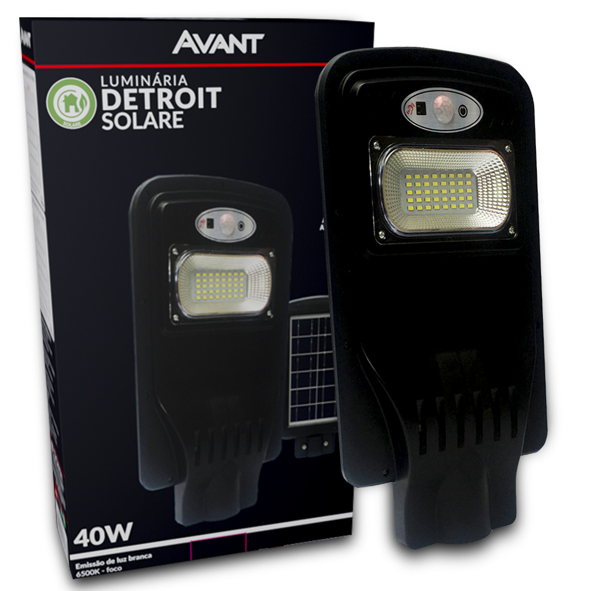 Luminária Pública Solare Led Preto 40W 6500K Luz Branca 600Lm Difusor Plástico Ip65 Com Controle Remoto Avant