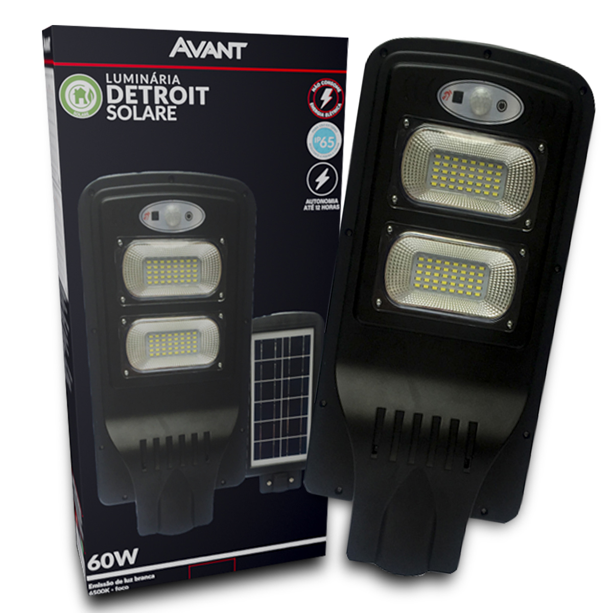 Luminária Pública Solare Led Preto 60W 6500K Luz Branca 900Lm Difusor Plástico Ip65 Com Controle Remoto Avant