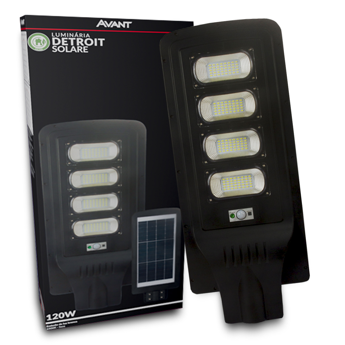 Luminária Pública Solare Led Preto 120W 6500K Luz Branca 1800Lm Difusor Plástico Ip65 Com Controle Remoto Avant