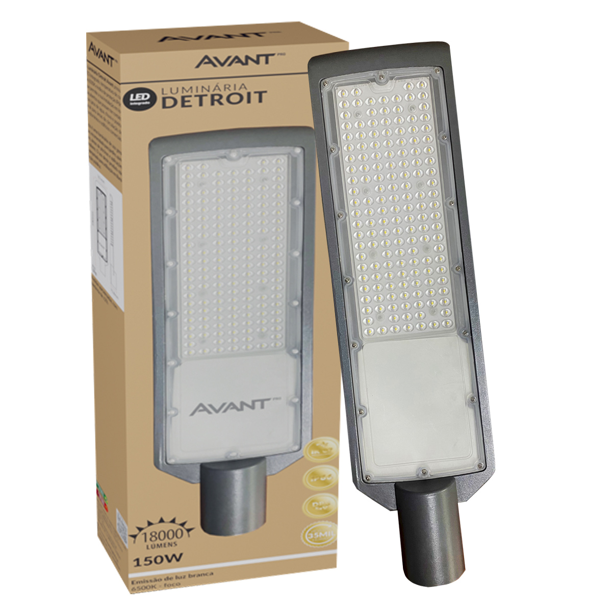 Luminária Pública Led Cinza 150W Bivolt 6500K Luz Branca 18000Lm Difusor Policarbonato Ip66 Detroit Avant