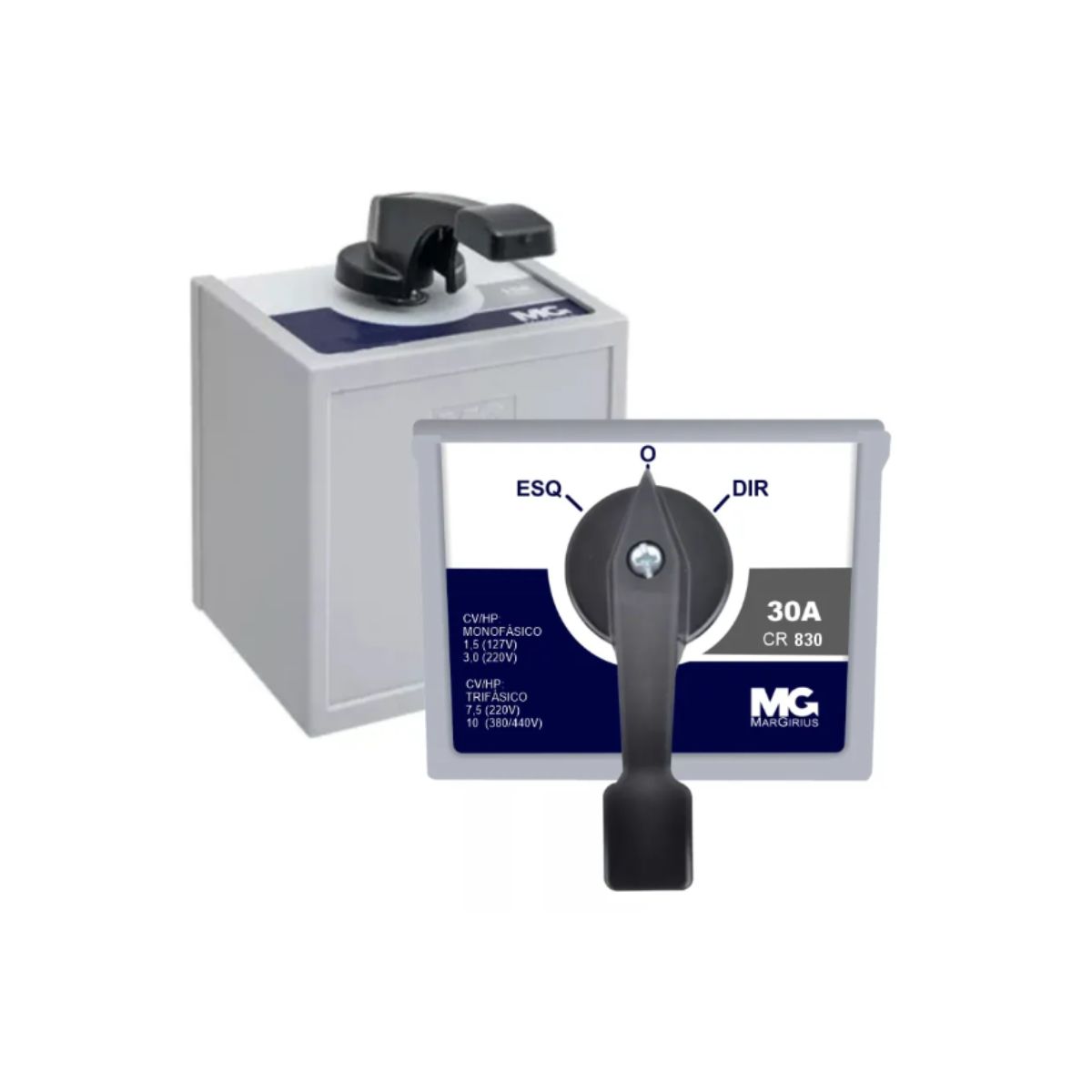 Chave Rotativa Reversora 3 Polos 30A 220V 3 Pos 45G Preto Sobrepor Caixa Aço - Margirius