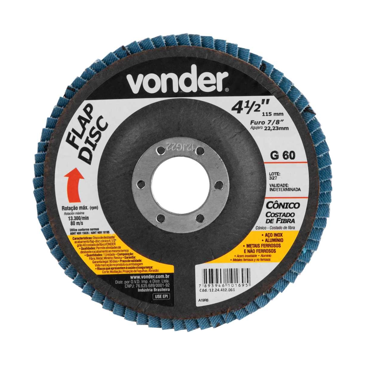 Disco Desbaste Flap 4.1/2X115Mm 7/8 22,23Mm G60 13300Rpm Aço Inox/Carbono Perfil Cônico/Costado Fibra Vidro - Vonder