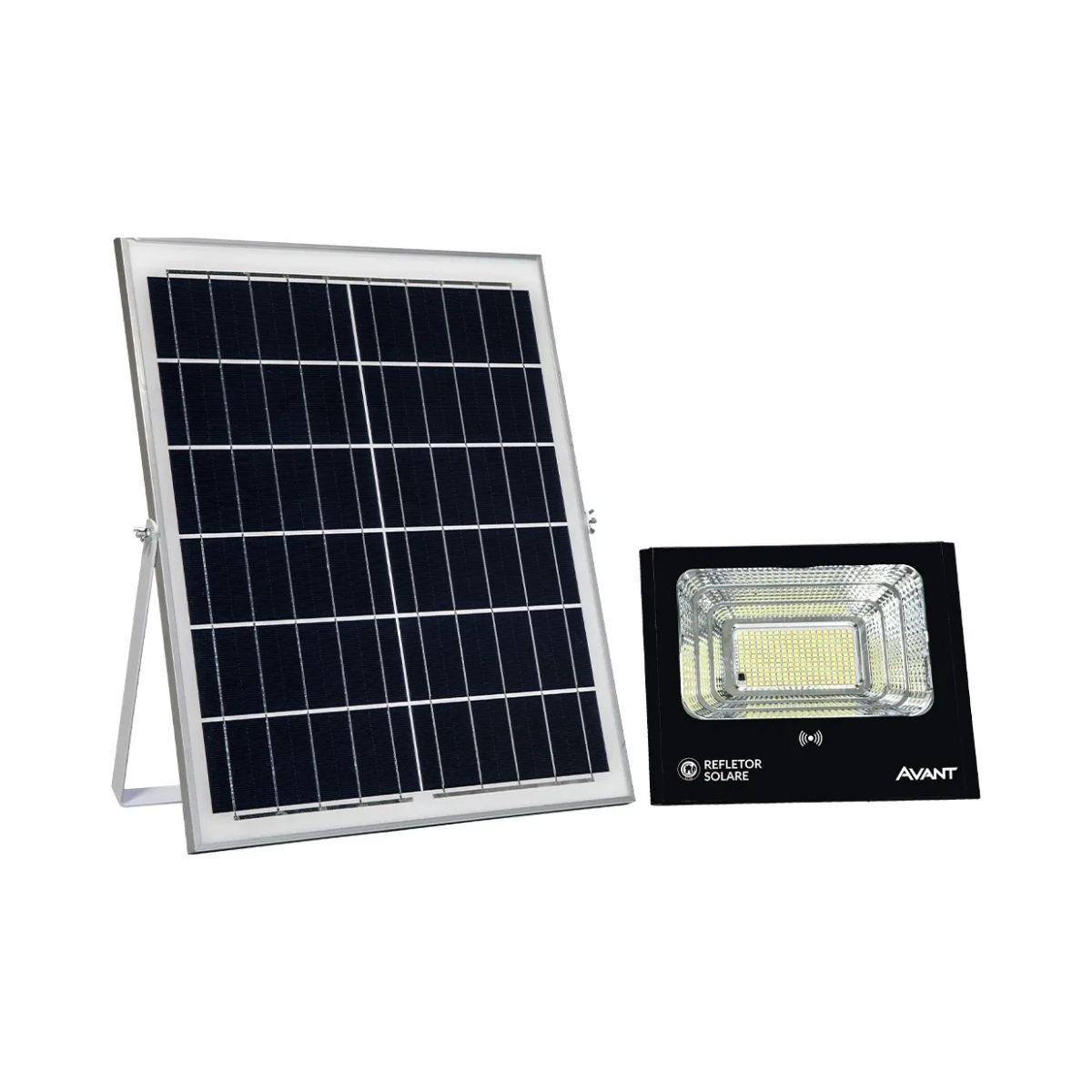 Luminária Refletor Solar Led Preto 200W Bivolt 6500K Branco Frio 1850Lm Difusor Vidro Temperado 90G C/Painel/Sensor Presença Ip65 - Avant