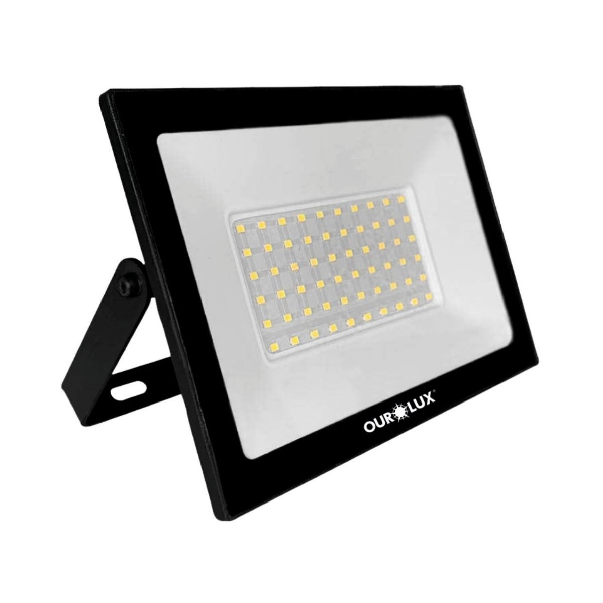 Luminária Refletor Led Retangular Sobrepor Preto 50W Bivolt 3000K Branco Quente 3000Lm Difusor Vidro Temperado 110G Ip65 - Ourolux