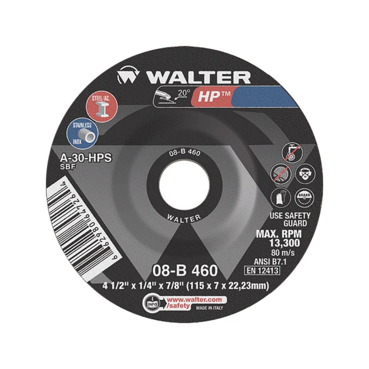 Disco Desbaste Hp 4.1/2 115Mm 7/8 G24 13300Rpm Metal/Aço Inox - Walter