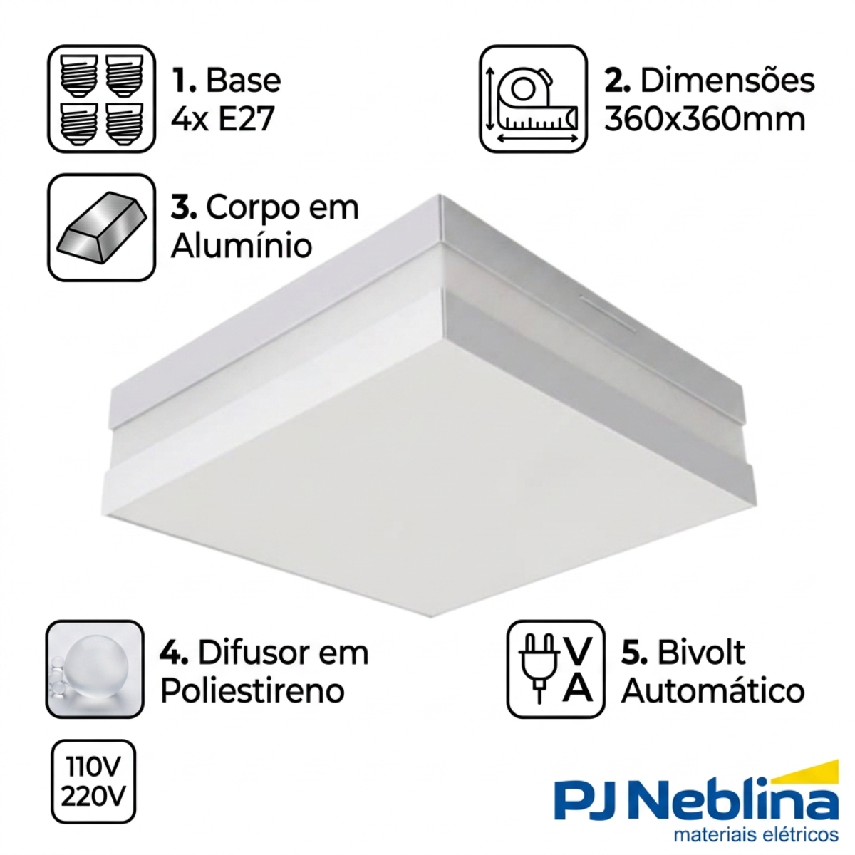 Luminaria Plafon Sobrepor Bilbao Bc 4xe27 Dif Poliestireno