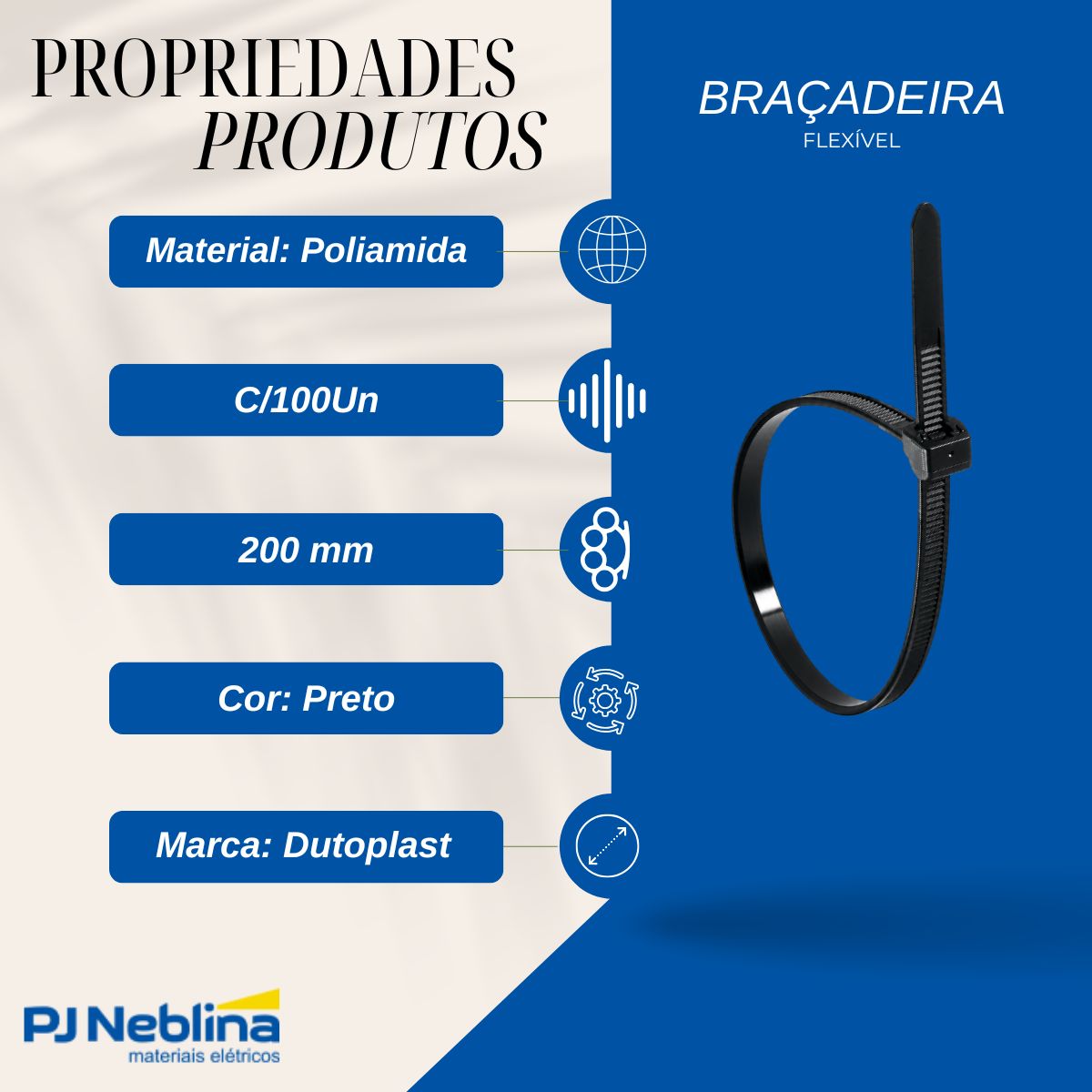 Braçadeira Flexível Poliamida 200X4,6Mm Preto - Dutoplast