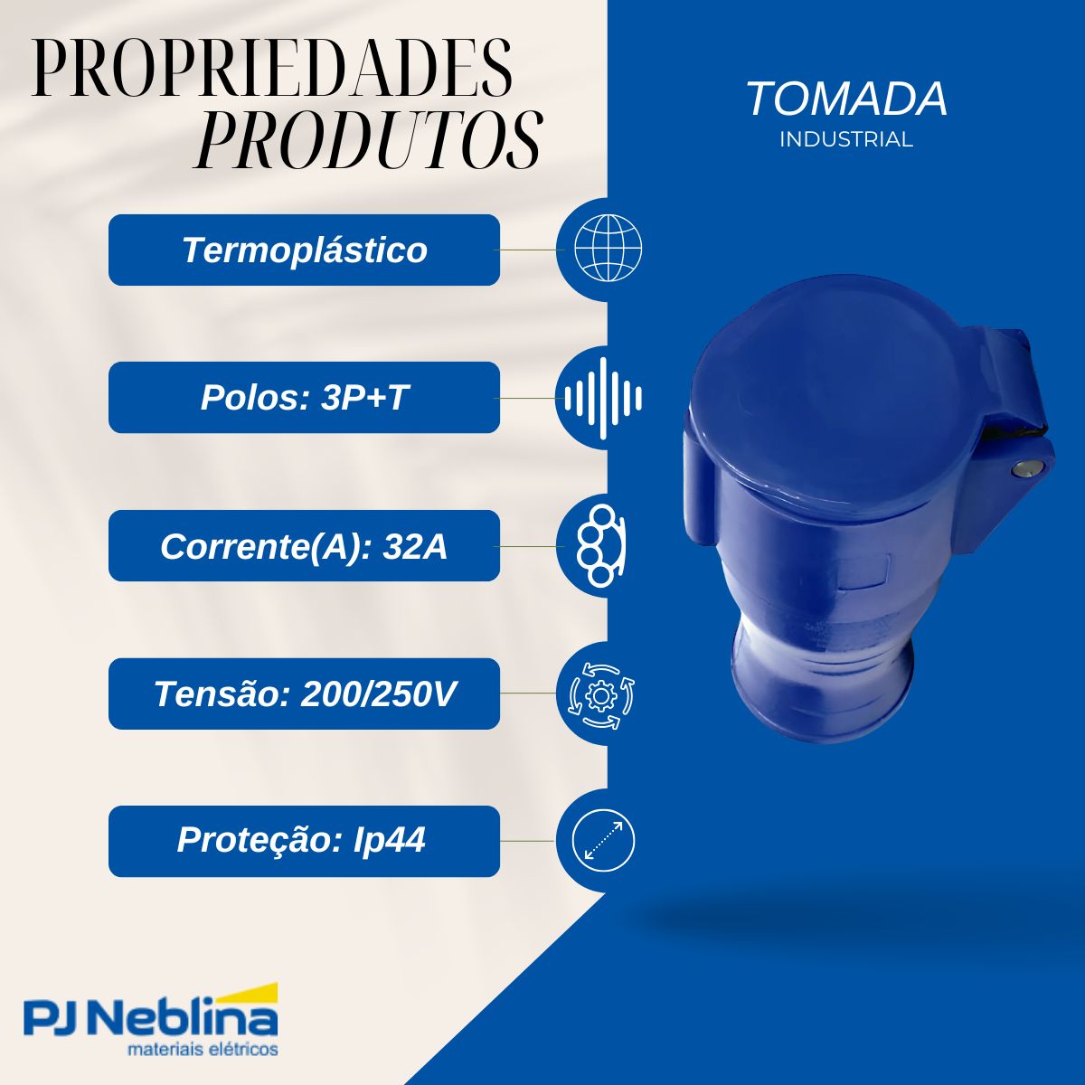 Tomada Industrial Femea Movel Acoplador 3p+t 32a 200/250v Azul