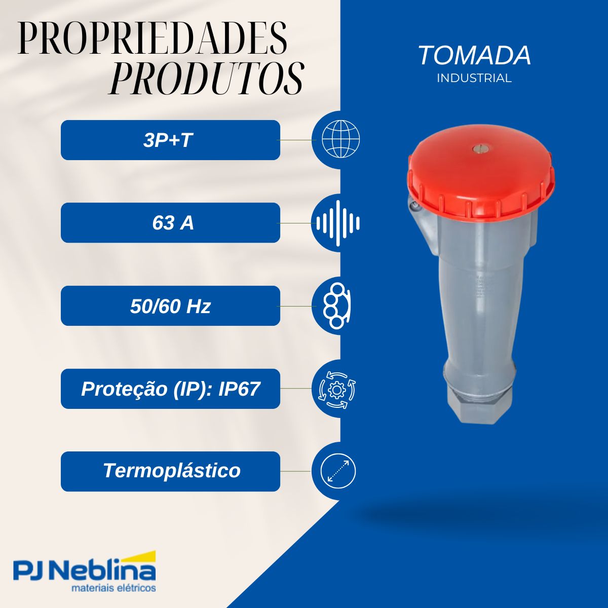 Tomada Industrial Femea Móvel Acoplador 3P+T 63A 380/440V Vm 6H Ip67 - Steck