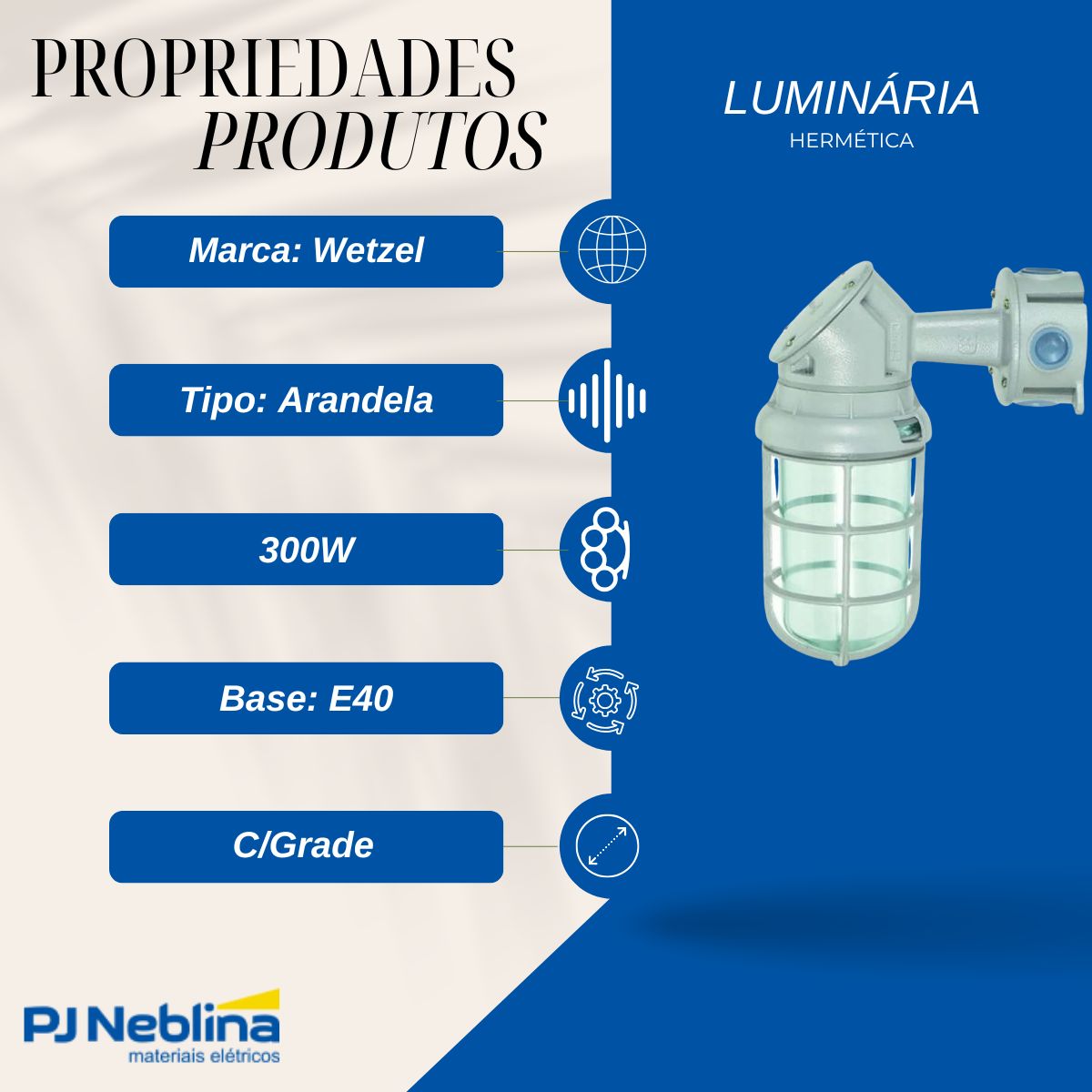 Luminária Industrial Arandela 90G Tgvp Cz 300W E40 Difusor Vidro Alcalino 3/4 Bsp C/Grade - Wetzel