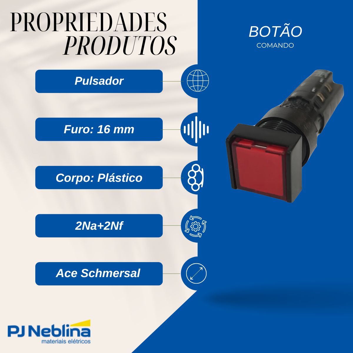 Botão Comando Pulsador Saliente Iluminado Quadrado 16 mm Plástico Vermelho 2Na+2Nf - Ace - Schmersal