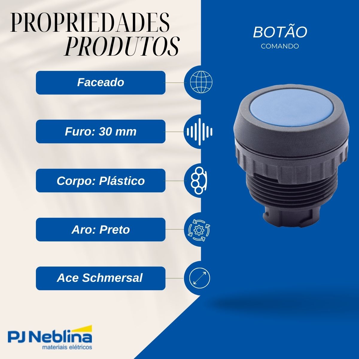 Botão Comando Pulsador Faceado Redondo 30 mm Plástico Azul - Ace Schmersal