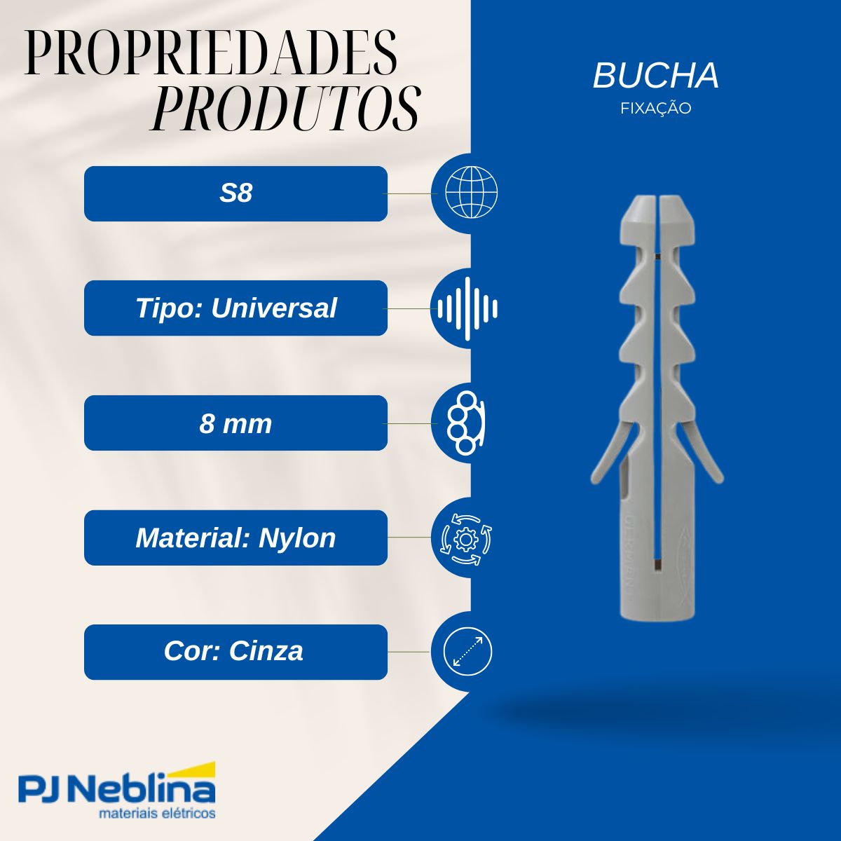 Bucha Fixação Universal S8 8Mm Nylon Cinza - Fischer