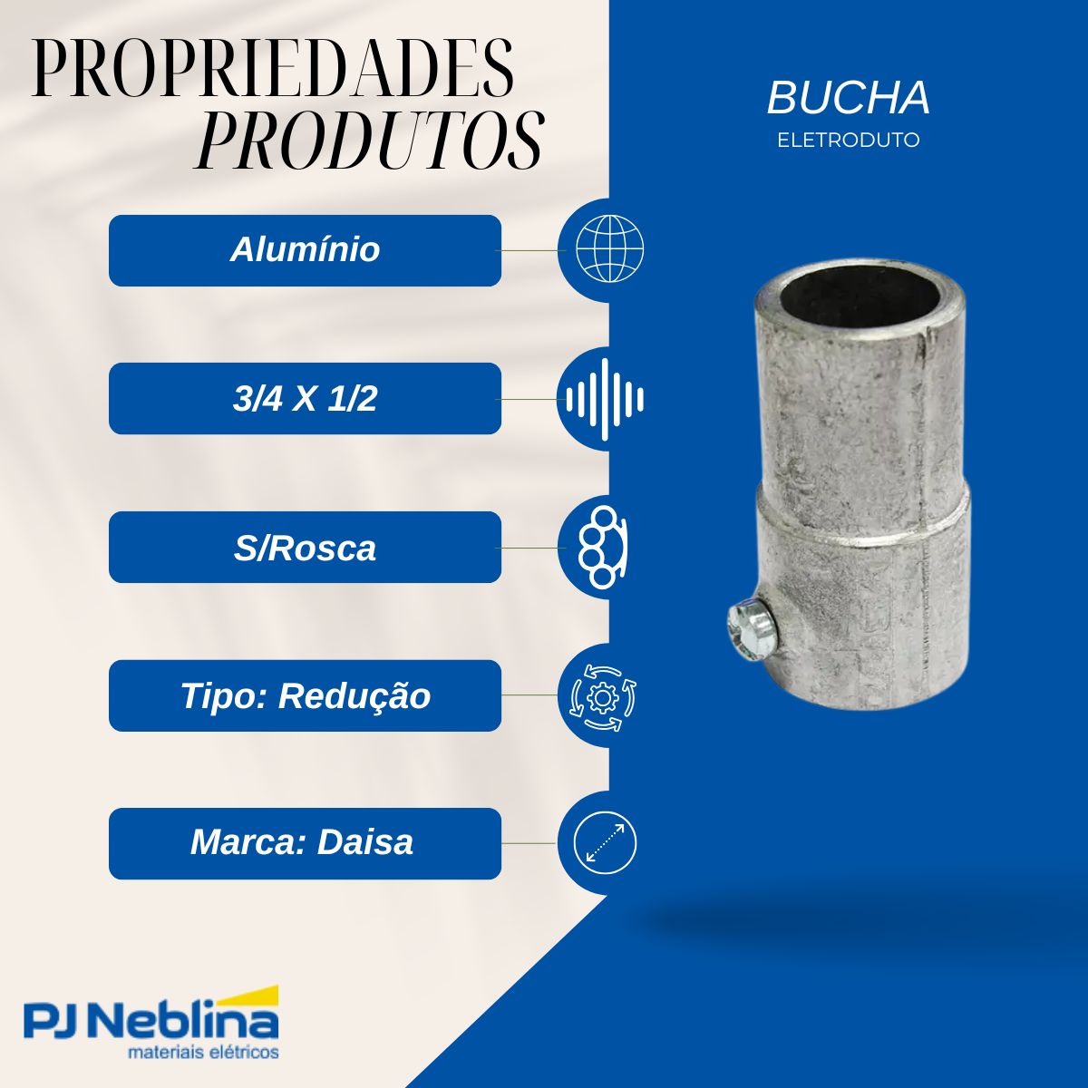 Bucha Eletroduto Redução Alumínio 3/4 X 1/2 S/Rosca Abrigada - Daisa