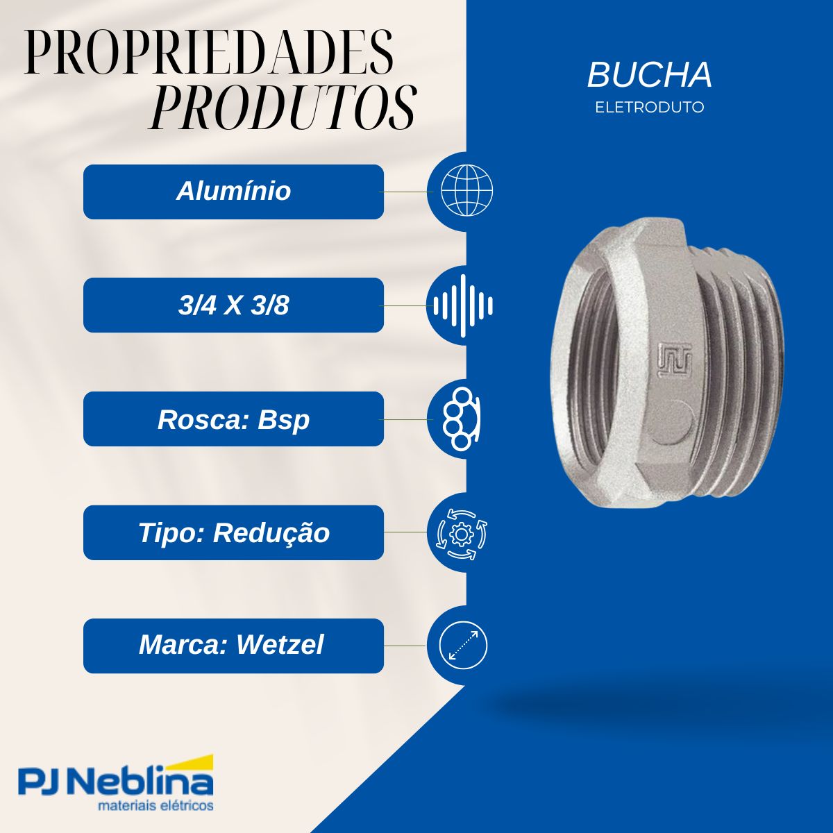 Bucha Eletroduto Redução Alumínio 3/4 X 3/8 Bsp - Wetzel