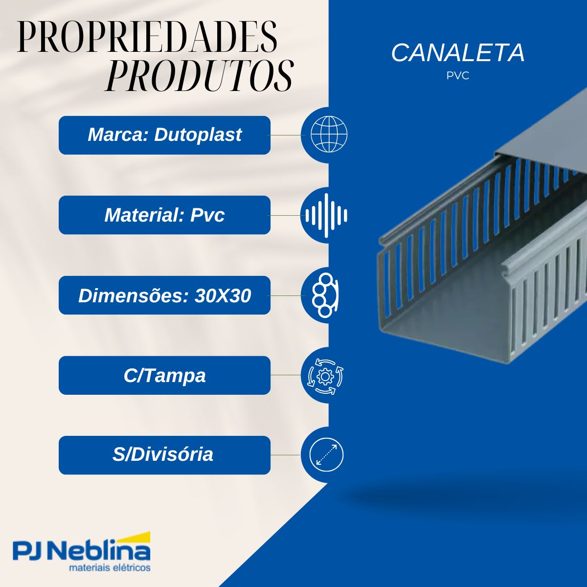 Canaleta Pvc Rec Fechado 30X30 (Br C/2M) Cz C/Tampa S/Divisória S/Adesivo - Dutoplast